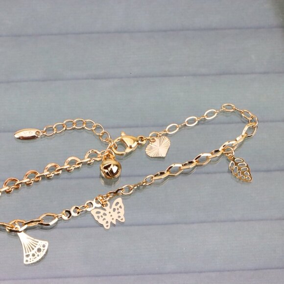 "Rose Gold Butterfly Leaf Charm Anklet in Gold Plated Brass, XPAL1047 - Picture 11 of 12